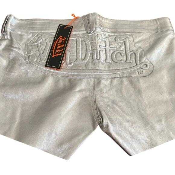 Von Dutch Pants - Von Dutch Metallic Silver 100% Leather Shorts Embossed Logo L NWT